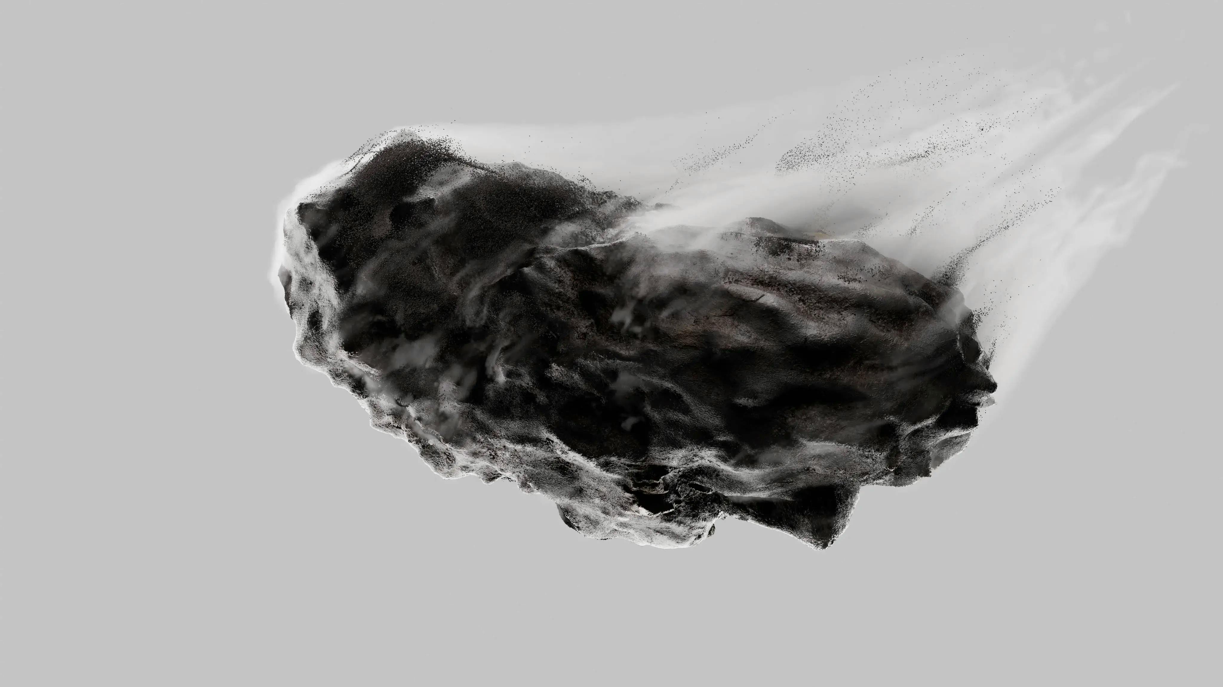 A rock of uraninite floating on a grey background, slowly dissolving into gas. 